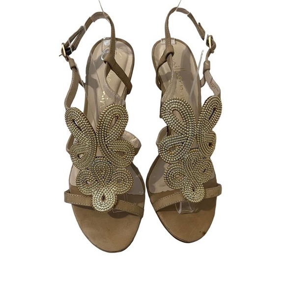 Guilhermina Anthropologie sandals heels Gold Beaded Taupe Suede Slingback Size 7 - Picture 1 of 11